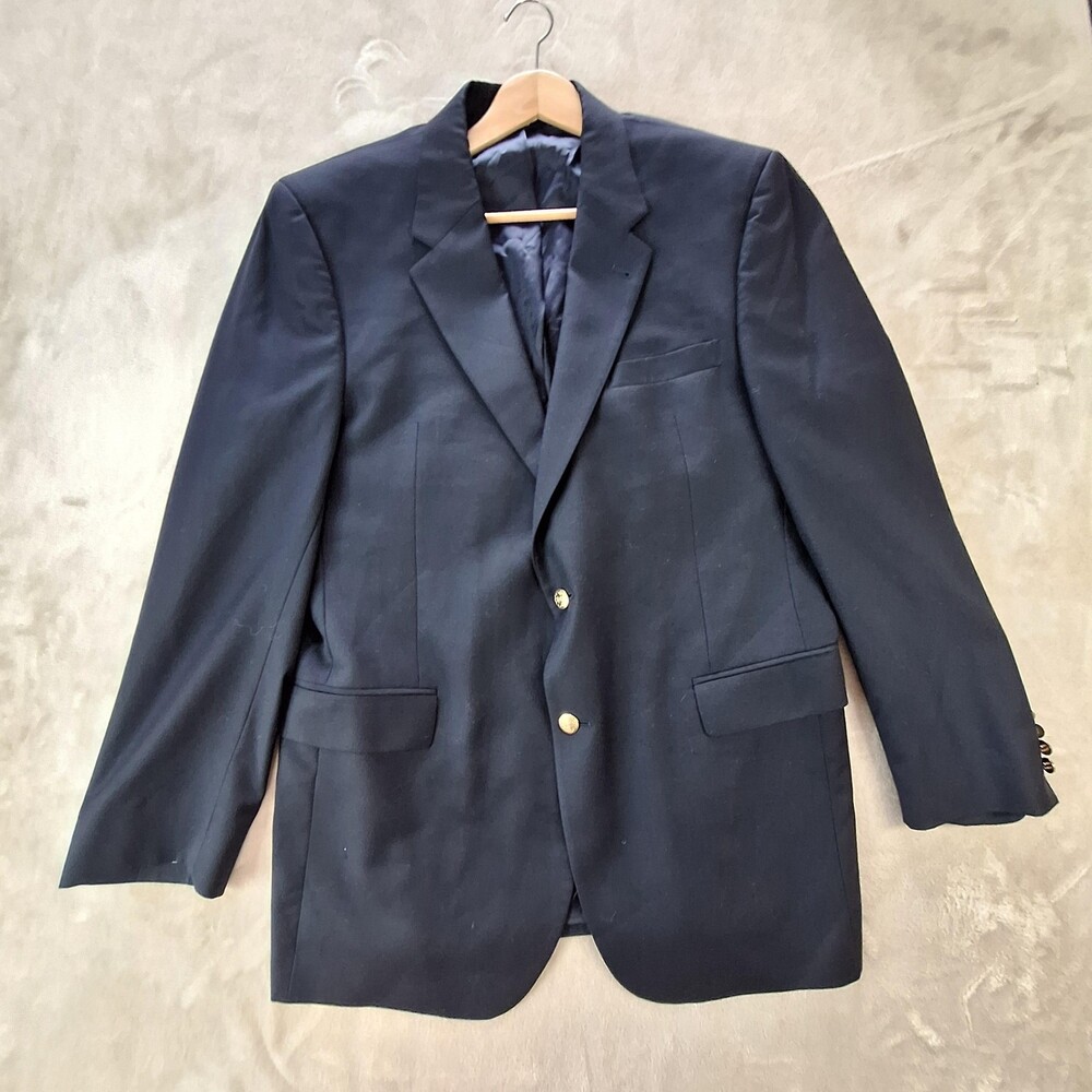 Jos A Bank Blazer Mens 44 Long Navy Blue Wool Single Vent 2 Button Gold Buttons